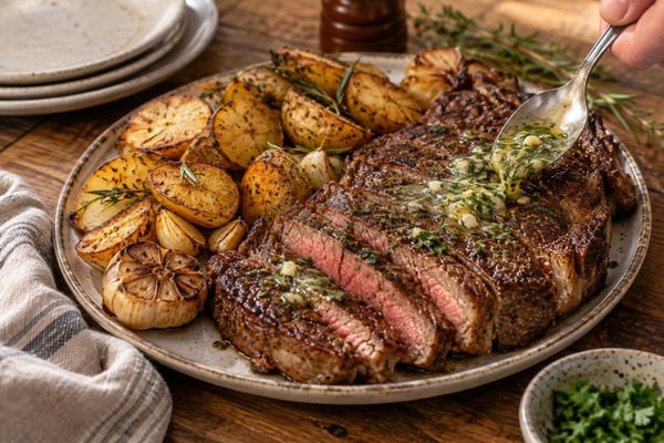 Golden Ribeye with Roasted Garlic Potatoes Golden Ribeye with Roasted Garlic Potatoes recipe from Heritage Fork Suppers