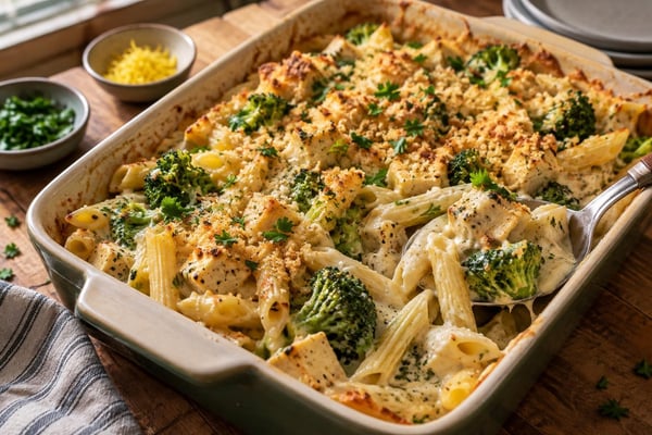 Alfredo Chicken Broccoli Bake With Pasta recipe from The Verdant Spoon