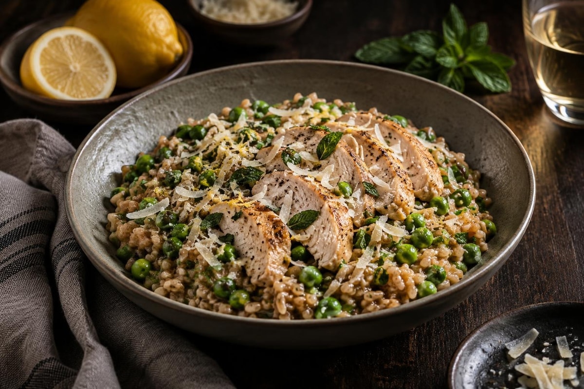Market Spring Pea Mint Risotto Style Farro Market Spring Pea Mint Risotto Style Farro recipe from Bright Balance Kitchen