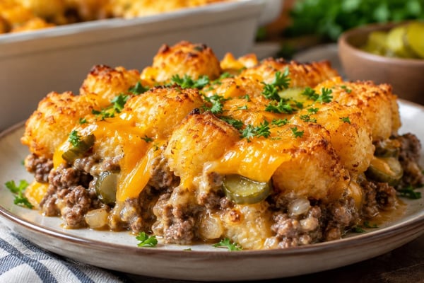 Cheeseburger Tater Tot Casserole recipe from The Frosted Fork