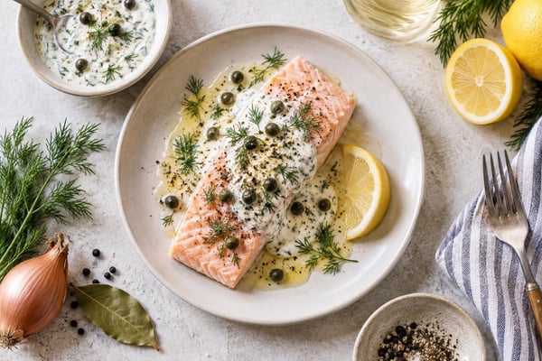 Poached Salmon Dill Yogurt Sauce recipe from Harbor Spoon Kitchen
