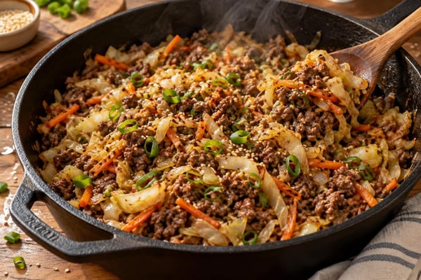 Egg Roll Bowl Beef Cabbage recipe from Safe Harbor Table