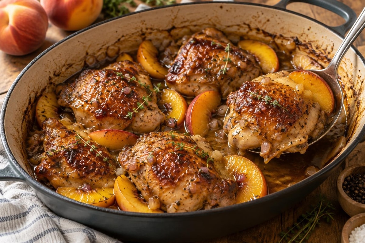 Roasted Savory Peach Chicken Thighs Roasted Savory Peach Chicken Thighs recipe from Crossroads Kitchen
