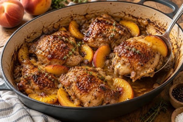 Roasted Savory Peach Chicken Thighs Roasted Savory Peach Chicken Thighs recipe from Crossroads Kitchen
