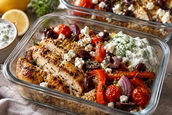 Batch Greek Chicken Meal Prep Trays Batch Greek Chicken Meal Prep Trays recipe from Sunday Box Kitchen