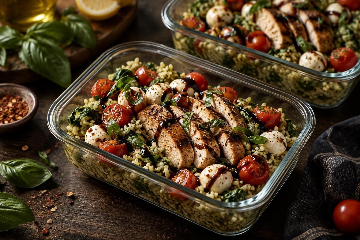 Grab-and-Go Caprese Chicken Pesto Rice Trays Grab-and-Go Caprese Chicken Pesto Rice Trays recipe from Sunday Box Kitchen