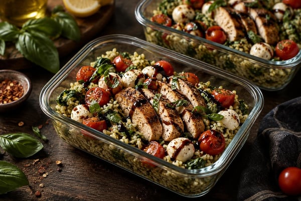 Grab-and-Go Caprese Chicken Pesto Rice Trays recipe from Sunday Box Kitchen