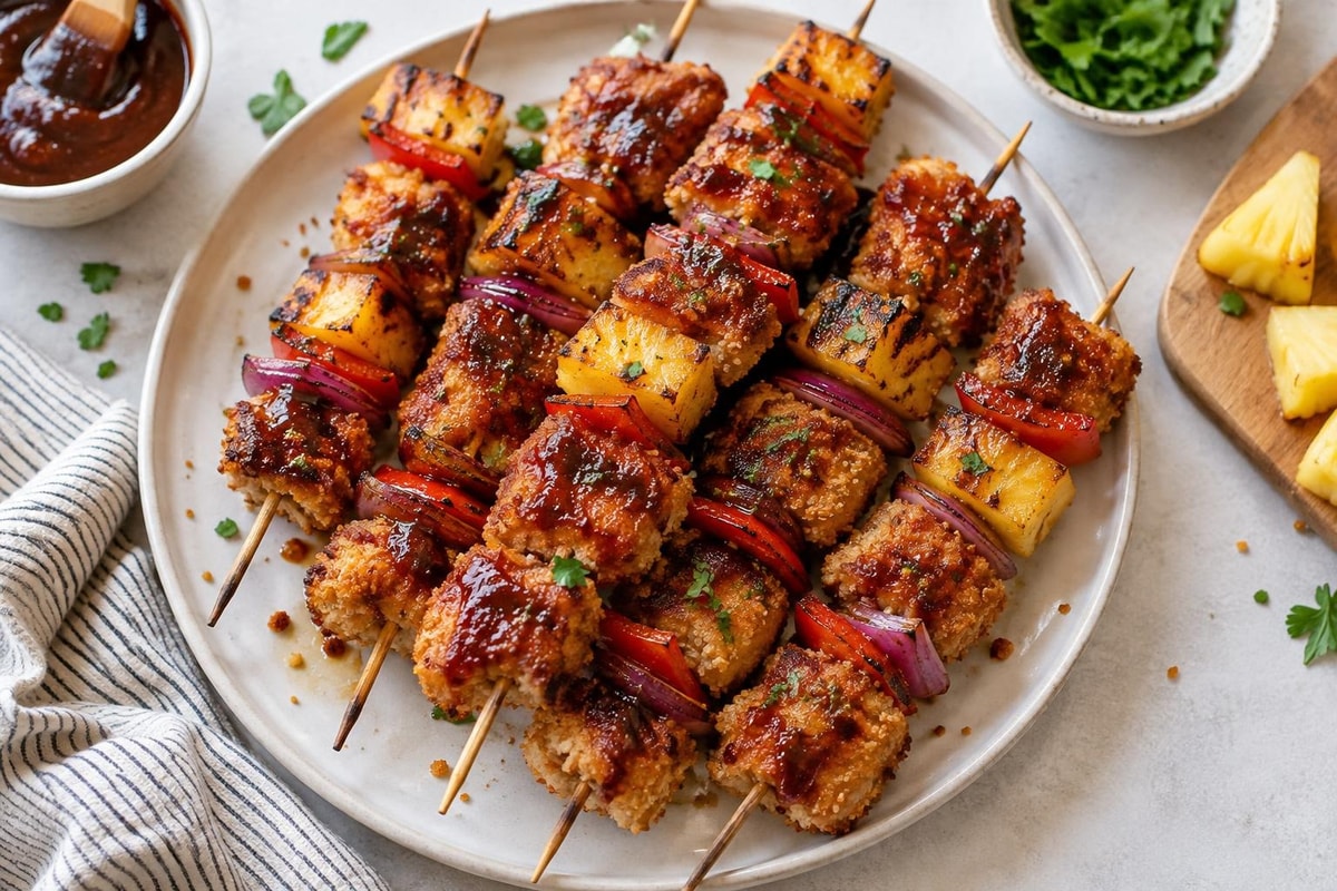 Crispy BBQ Pineapple Chicken Skewers recipe from Crossroads Kitchen