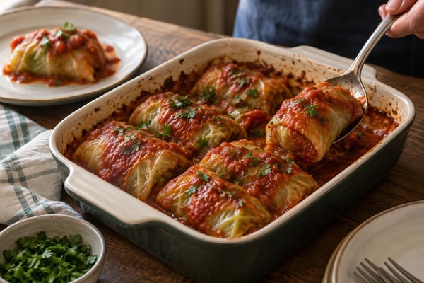 Stuffed Cabbage Tomato Sauce Tray recipe from Sabbath Table Studio