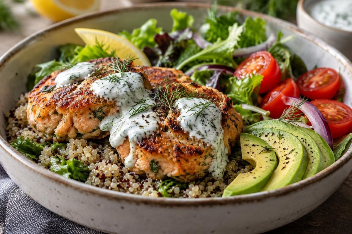 Loaded Salmon Patty Bowls With Greens Loaded Salmon Patty Bowls With Greens recipe from Macro Plate Co.