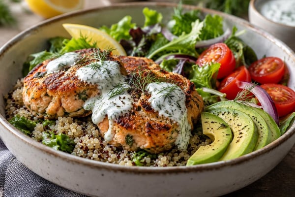 Loaded Salmon Patty Bowls With Greens recipe from Macro Plate Co.