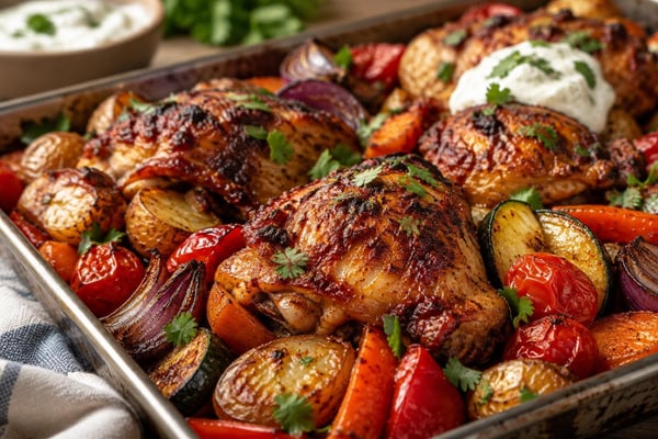 Harissa Roast Chicken Vegetable Tray Harissa Roast Chicken Vegetable Tray recipe from Crescent & Sumac Kitchen