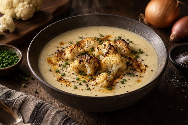 Hand-Cut Soubise Style Cauliflower Velouté Bowl Hand-Cut Soubise Style Cauliflower Velouté Bowl recipe from Copper Ladle Studio