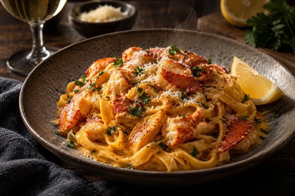 Sommelier-Style Saffron Lobster Tagliatelle Sommelier-Style Saffron Lobster Tagliatelle recipe from Copper Ladle Studio