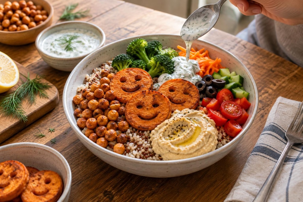 Dippable Smiley Face Veggie Grain Bowls recipe from Little Fork Academy
