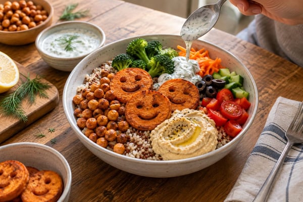 Dippable Smiley Face Veggie Grain Bowls recipe from Little Fork Academy