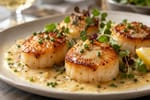 Hand-Cut Champagne Cream Scallops recipe from Copper Ladle Studio