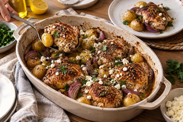 Greek Chicken and Potatoes recipe from Thrifty Thyme
