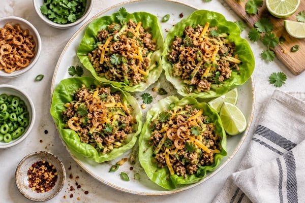 Zucchini Crispy Shallot Pork Lettuce Cups recipe from Carb Smart Table