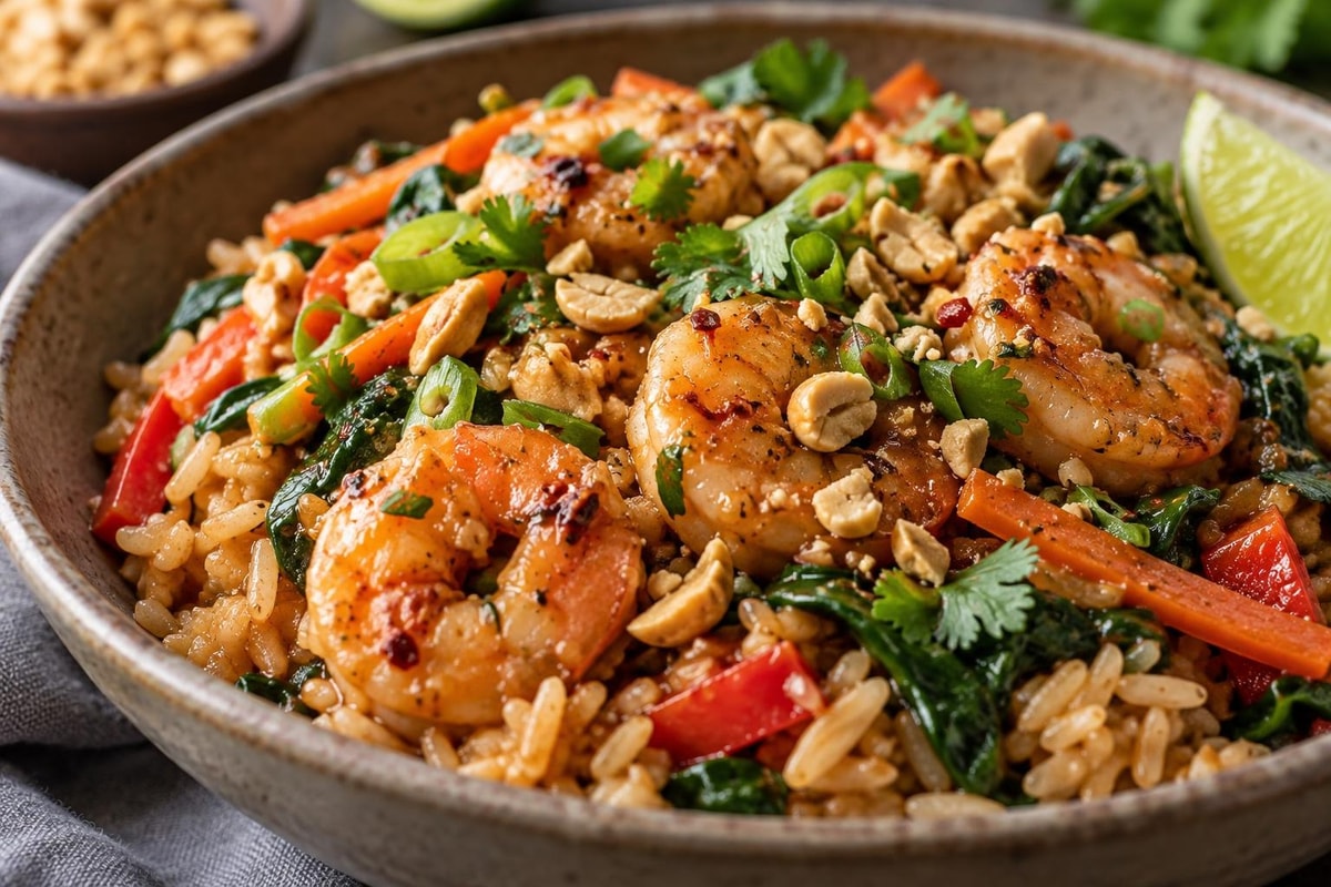 One-Skillet Shrimp Peanut Rice Bowls One-Skillet Shrimp Peanut Rice Bowls recipe from Quarter Hour Table