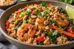 One-Skillet Shrimp Peanut Rice Bowls recipe from Quarter Hour Table