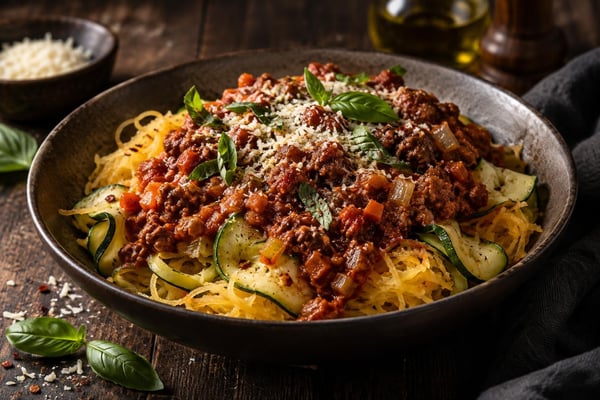 Zucchini Spaghetti Squash Bolognese recipe from Carb Smart Table