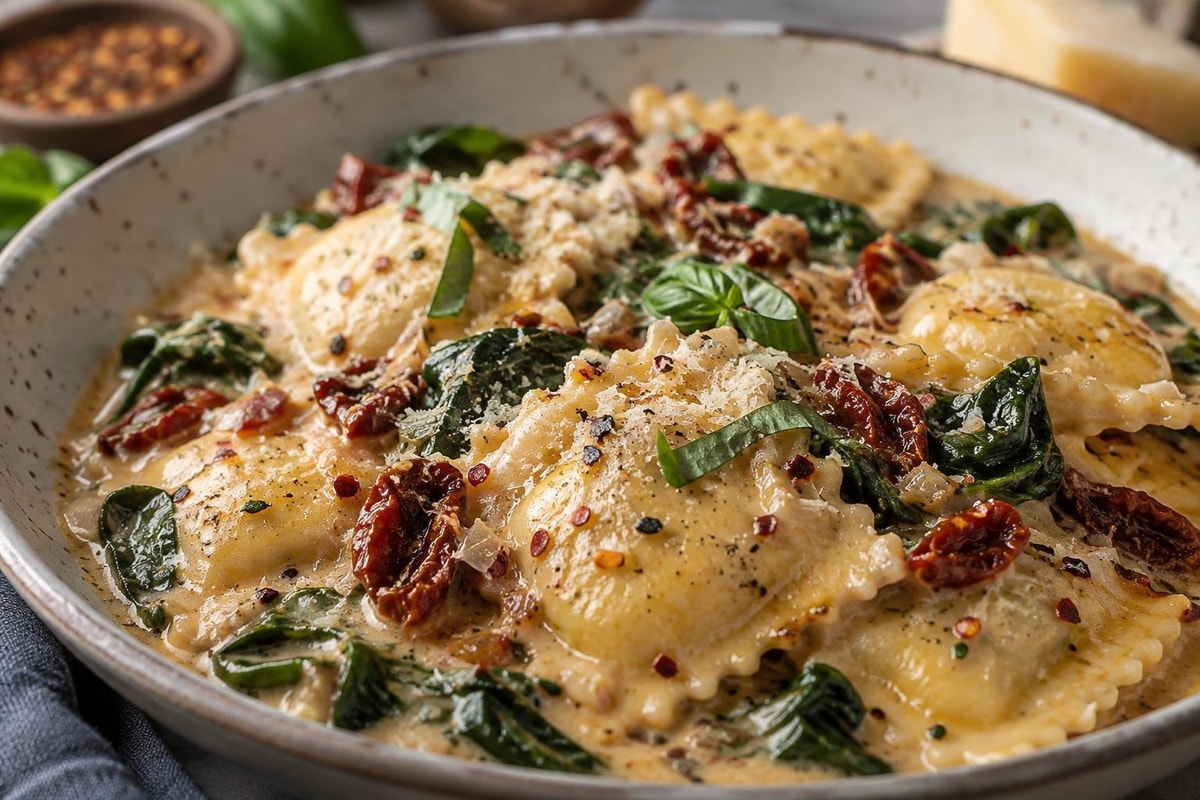Ravioli with Sun Dried Tomato Cream Sauce Ravioli with Sun Dried Tomato Cream Sauce recipe from Hearthday Table