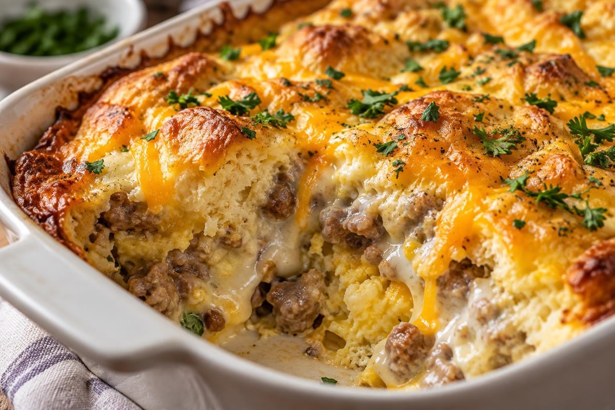 Biscuit and Gravy Casserole recipe from The Frosted Fork
