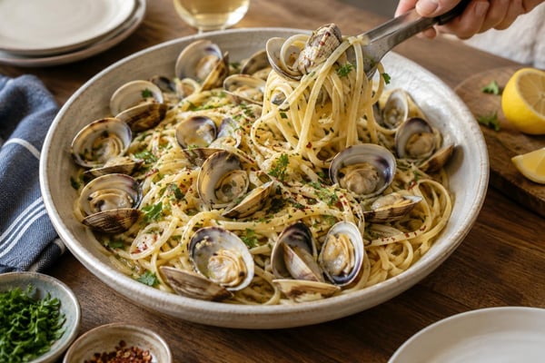 Clam Garlic White Wine Pasta recipe from Harbor Spoon Kitchen