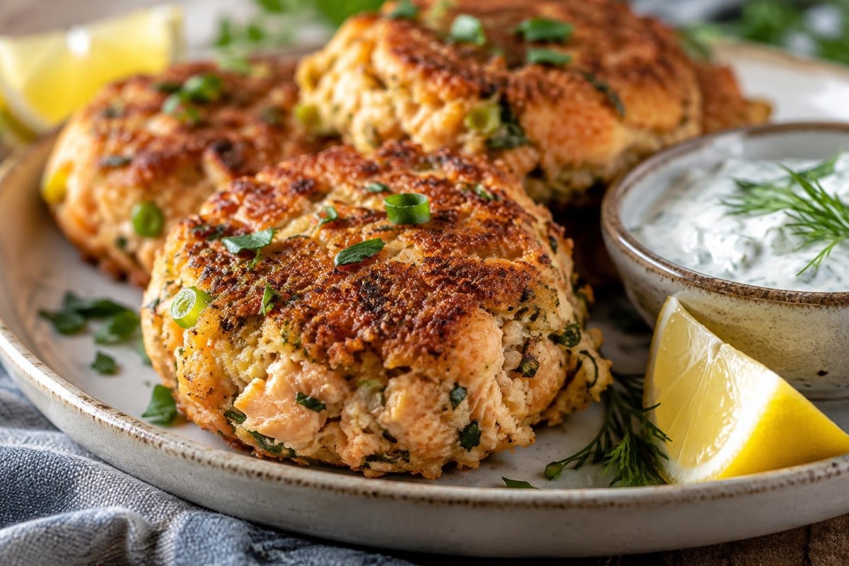 One-Skillet Salmon Cakes with Yogurt Dill One-Skillet Salmon Cakes with Yogurt Dill recipe from Quarter Hour Table