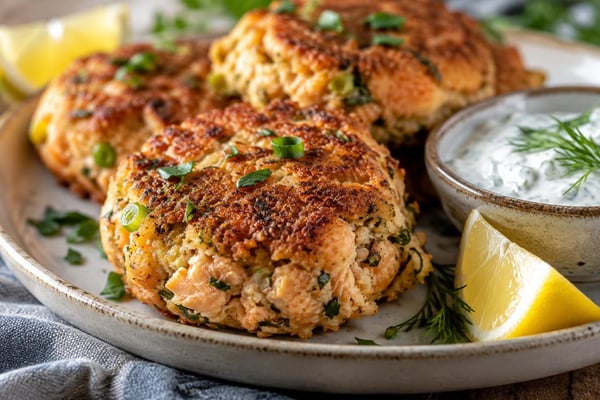 One-Skillet Salmon Cakes with Yogurt Dill One-Skillet Salmon Cakes with Yogurt Dill recipe from Quarter Hour Table