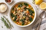 Crispy Italian Sausage White Bean Soup recipe from Crossroads Kitchen