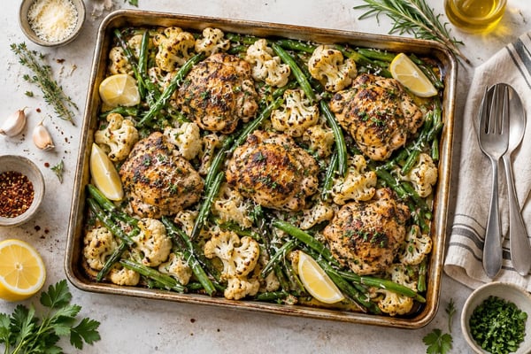 Cauliflower Herb Roast Chicken Tray with Green Beans recipe from Carb Smart Table