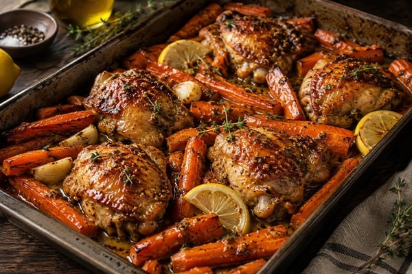 Honey Glazed Carrot Roast Chicken Tray recipe from Sabbath Table Studio