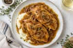 Buttery French Onion Salisbury Chicken recipe from Heritage Fork Suppers