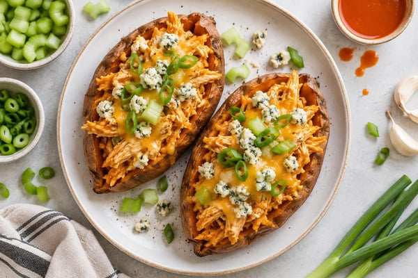 Power Buffalo Chicken Stuffed Sweet Potatoes recipe from Macro Plate Co.