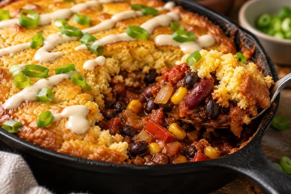 Vegan Chili Cornbread Skillet recipe from Pure Fork Plant Lab