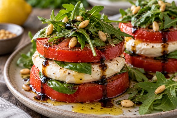 No-Bun Tomato Basil Mozzarella Stacks recipe from Carb Smart Table