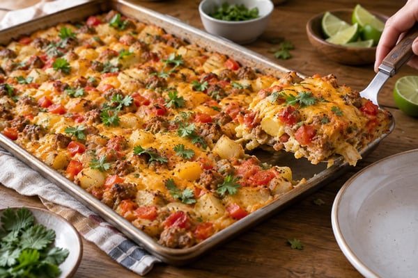 Tomato Chile Sausage Sheet Pan Breakfast Casserole recipe from The Frosted Fork