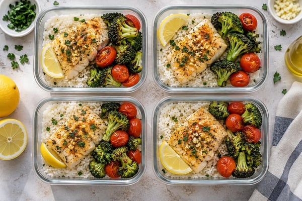Portioned Lemon Garlic Cod Rice Trays recipe from Sunday Box Kitchen