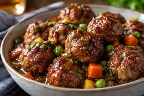 Slow Cooker Bourbon Meatballs recipe from Derek's Table
