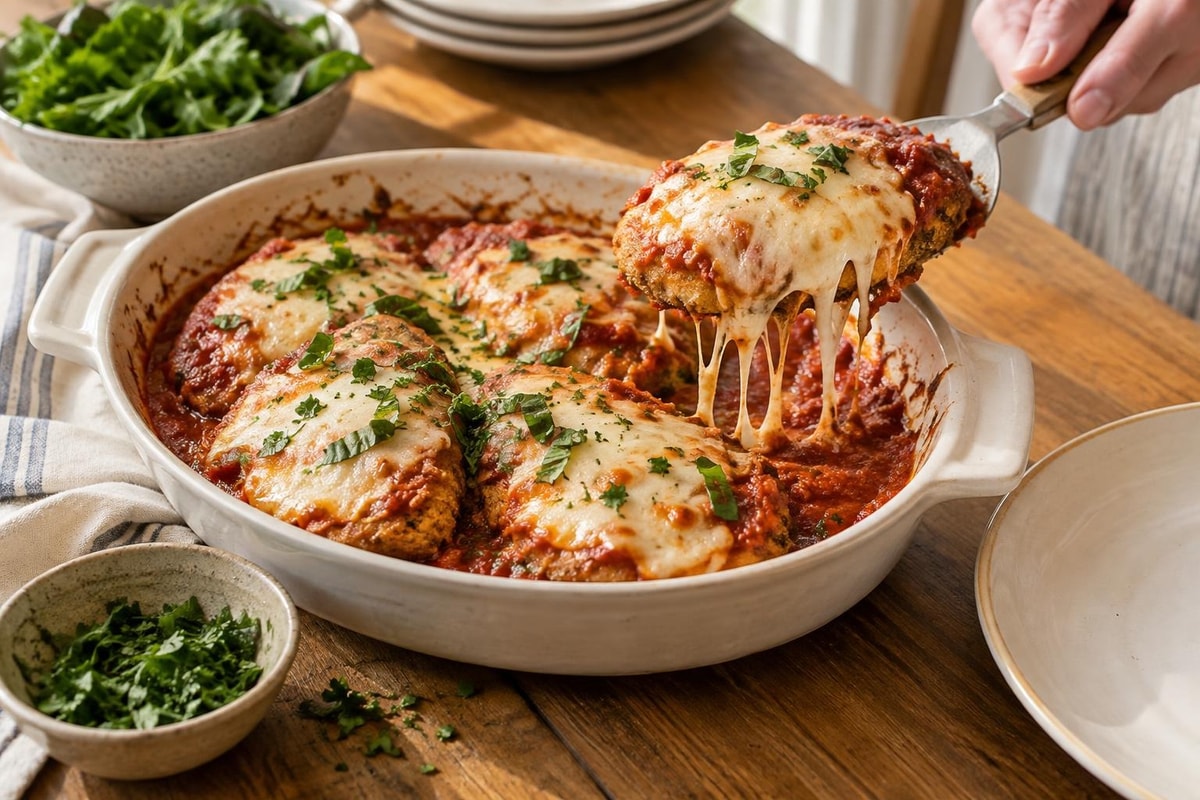 Baked Chicken Parmesan with Fresh Herbs Baked Chicken Parmesan with Fresh Herbs recipe from Hearthday Table