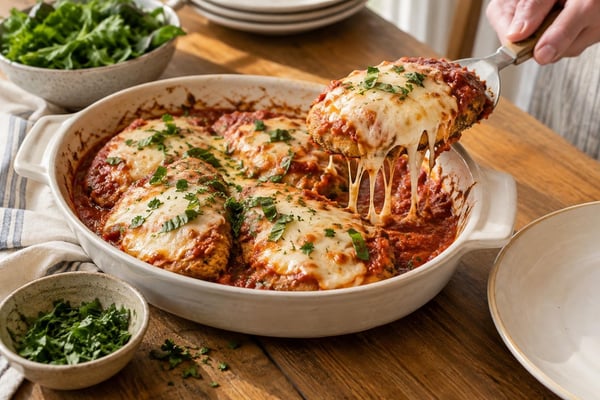 Baked Chicken Parmesan with Fresh Herbs recipe from Hearthday Table