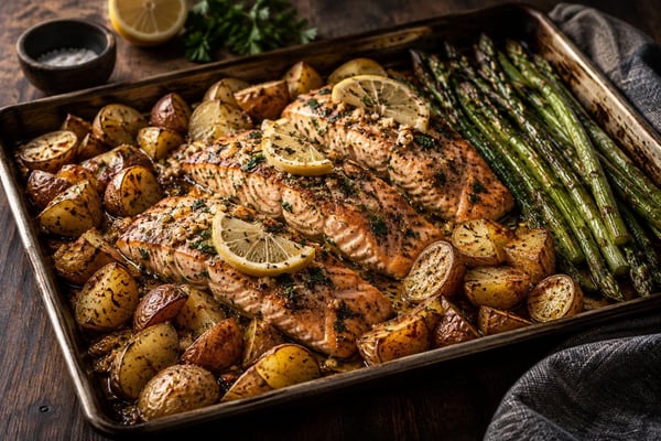 Sheet Pan Lemon Garlic Salmon with Potatoes and Asparagus recipe from Derek's Table