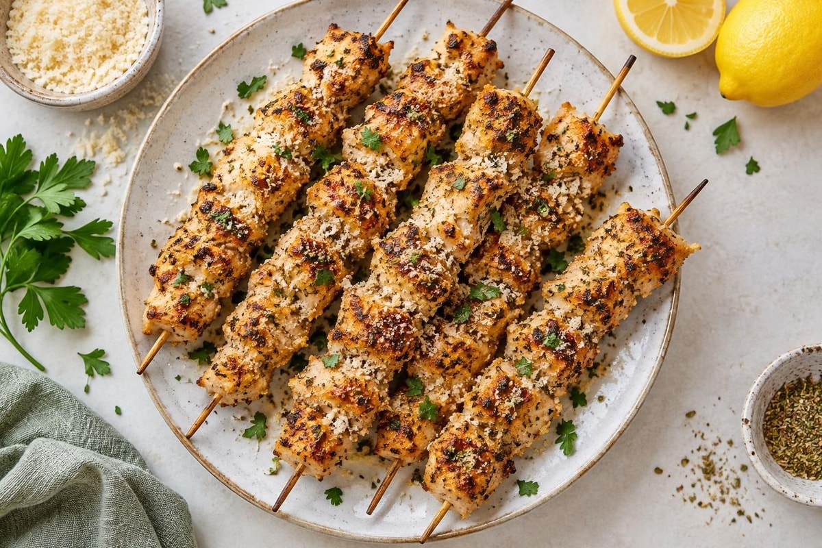 Garlic Parmesan Chicken Skewers Garlic Parmesan Chicken Skewers recipe from Hearthday Table