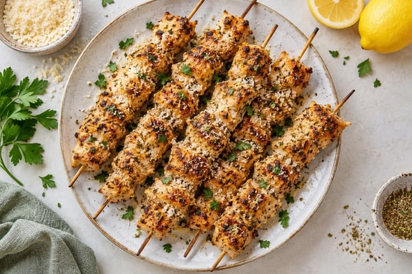 Garlic Parmesan Chicken Skewers recipe from Hearthday Table