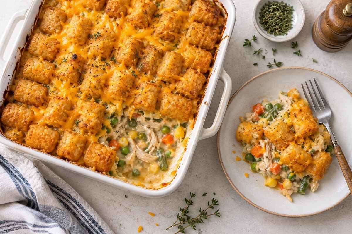 Chicken Pot Pie Tater Tot Casserole Chicken Pot Pie Tater Tot Casserole recipe from The Frosted Fork