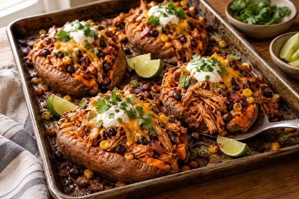 Tray BBQ Pulled Chicken Sweet Potato Bowls Tray BBQ Pulled Chicken Sweet Potato Bowls recipe from Sunday Box Kitchen