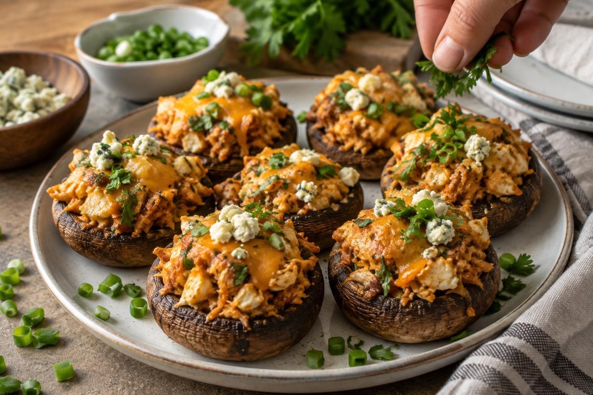 Cauliflower Buffalo Chicken Stuffed Mushrooms Cauliflower Buffalo Chicken Stuffed Mushrooms recipe from Carb Smart Table