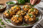 Cauliflower Buffalo Chicken Stuffed Mushrooms recipe from Carb Smart Table